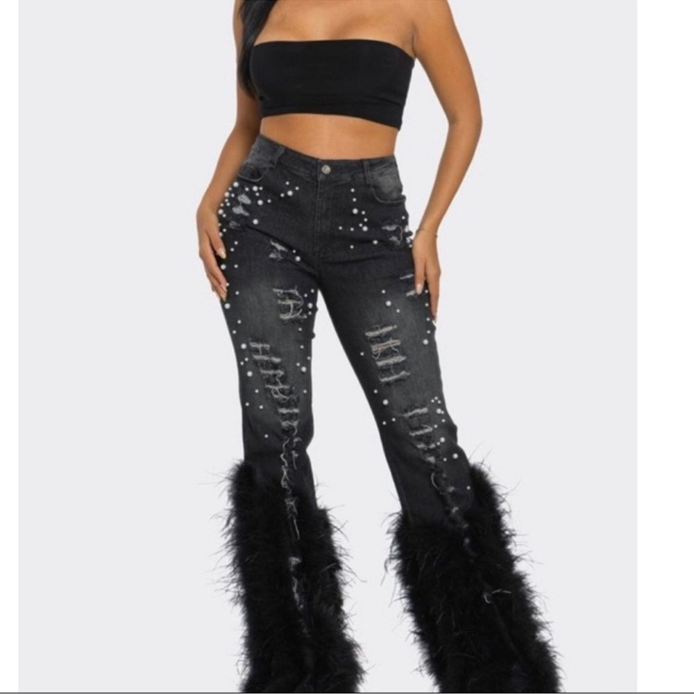 Black Pearl & Feather Embellished Jeans